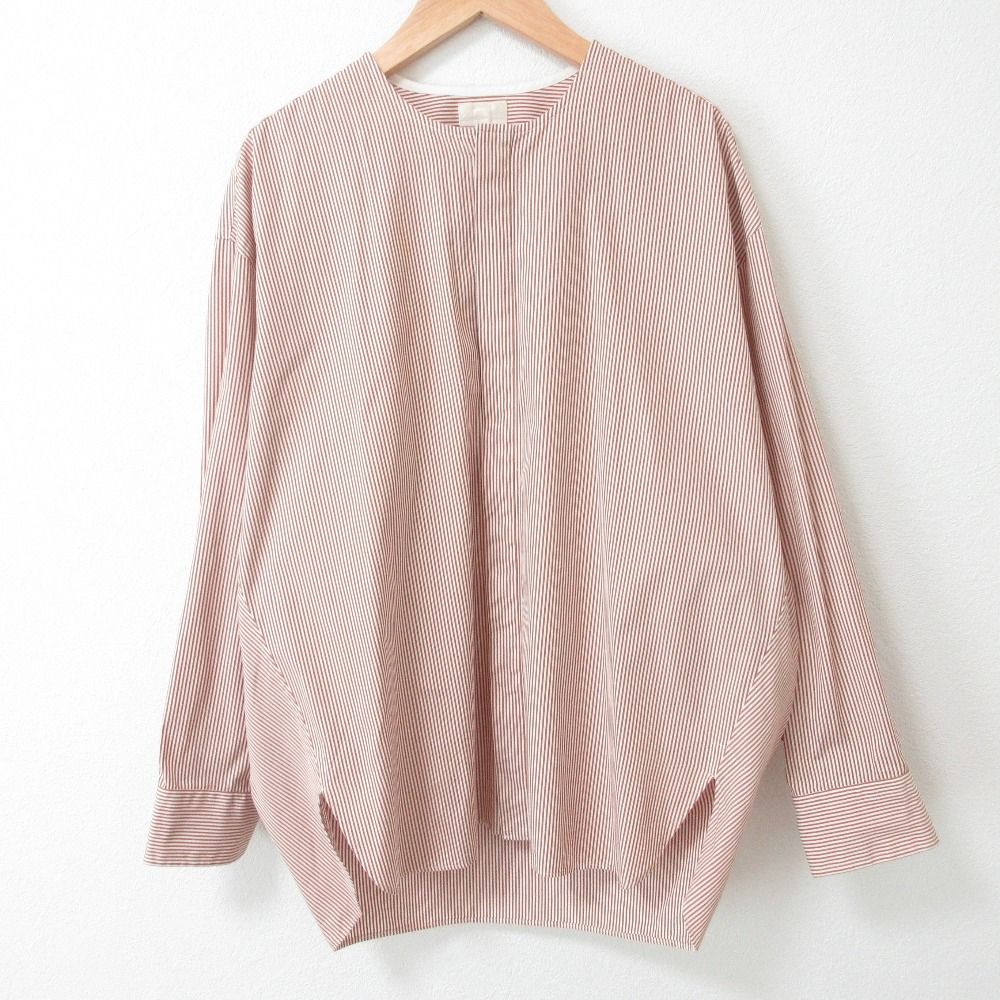 ドゥロワー Drawer 美品 ノーカラーシャツ 長袖 ストライプ コットン 比翼 6511-299-0406 茶 ブラウン 36 レディース 良品 Drawer ドゥロワー コットンストライプノーカラーシャツ