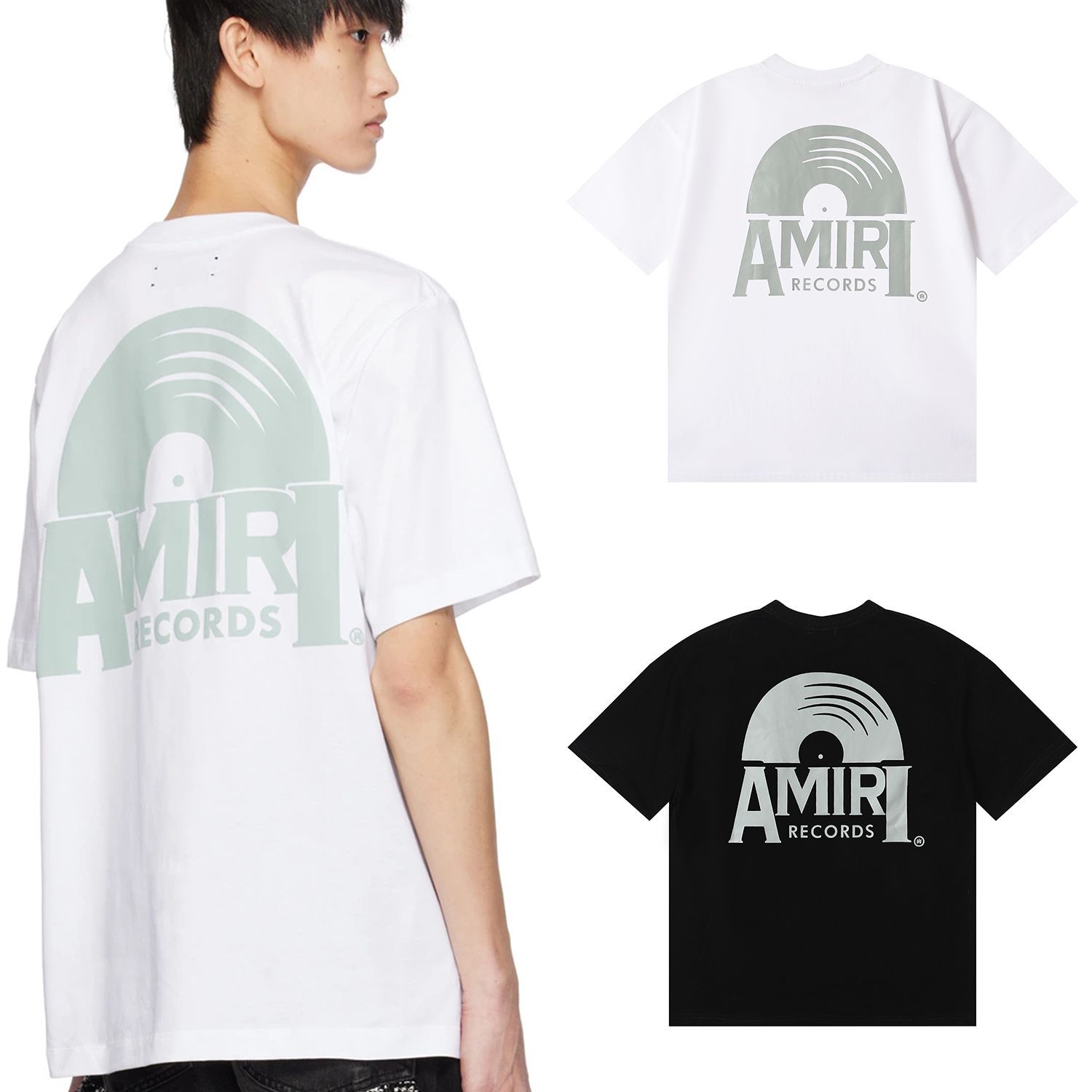 AMIRI Records ライトグリーンプリント高重量双糸ピュアコットンカジュアル半袖T