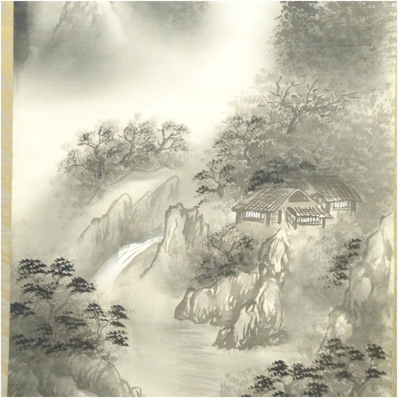 【本表装】肉筆掛け軸水墨画　山水画「山峡帆影」美術品　絵画　和室　茶室　床の間 日本表装】掛軸水墨画 山水画「山峡帆影」美術品 絵画 和室