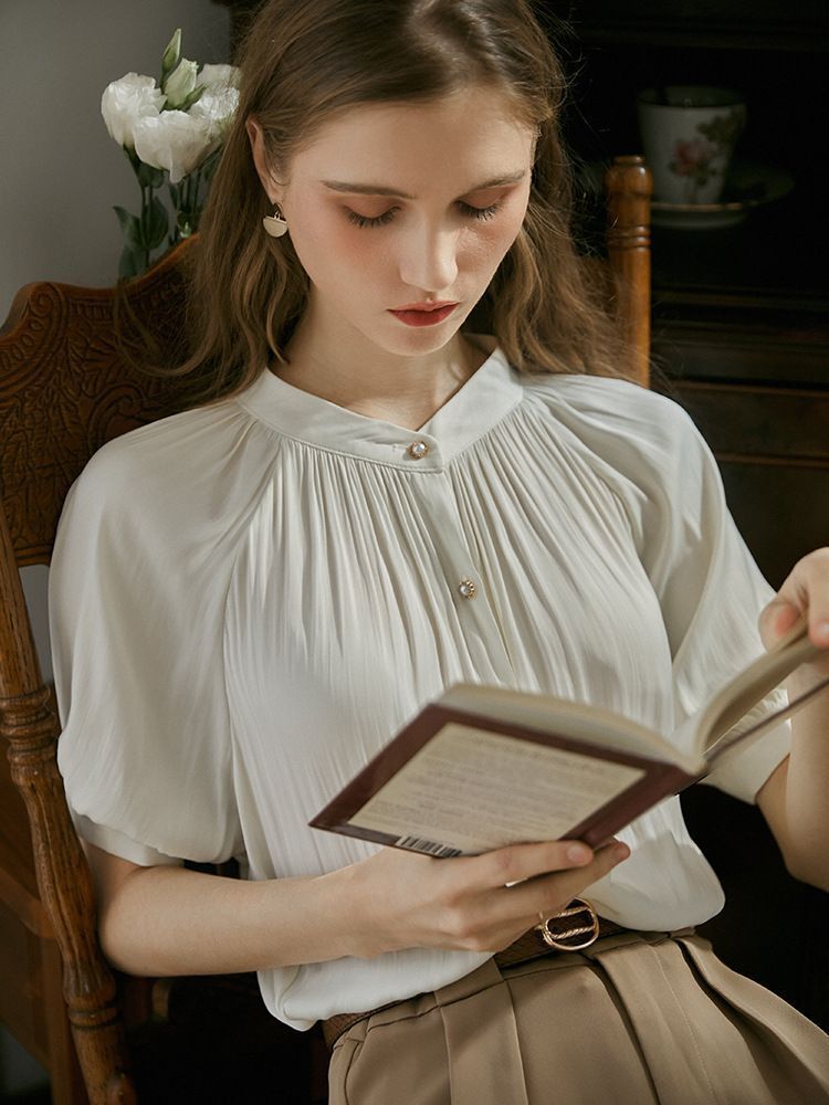 アベニールエトワール パールボタンリボンタイロングブラウス ホワイト