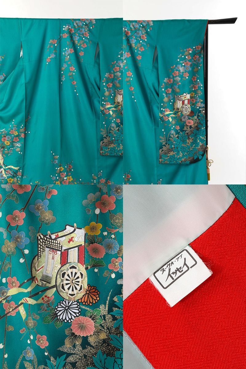 【Y0645】Ｓ大サイズお仕立上り正絹振袖　緑色地に花、御所車模様絞入　綸子生地 振袖 身丈167cm 裄丈68cm L 袷 袋帯フルセット 花鳥 御所車 金糸