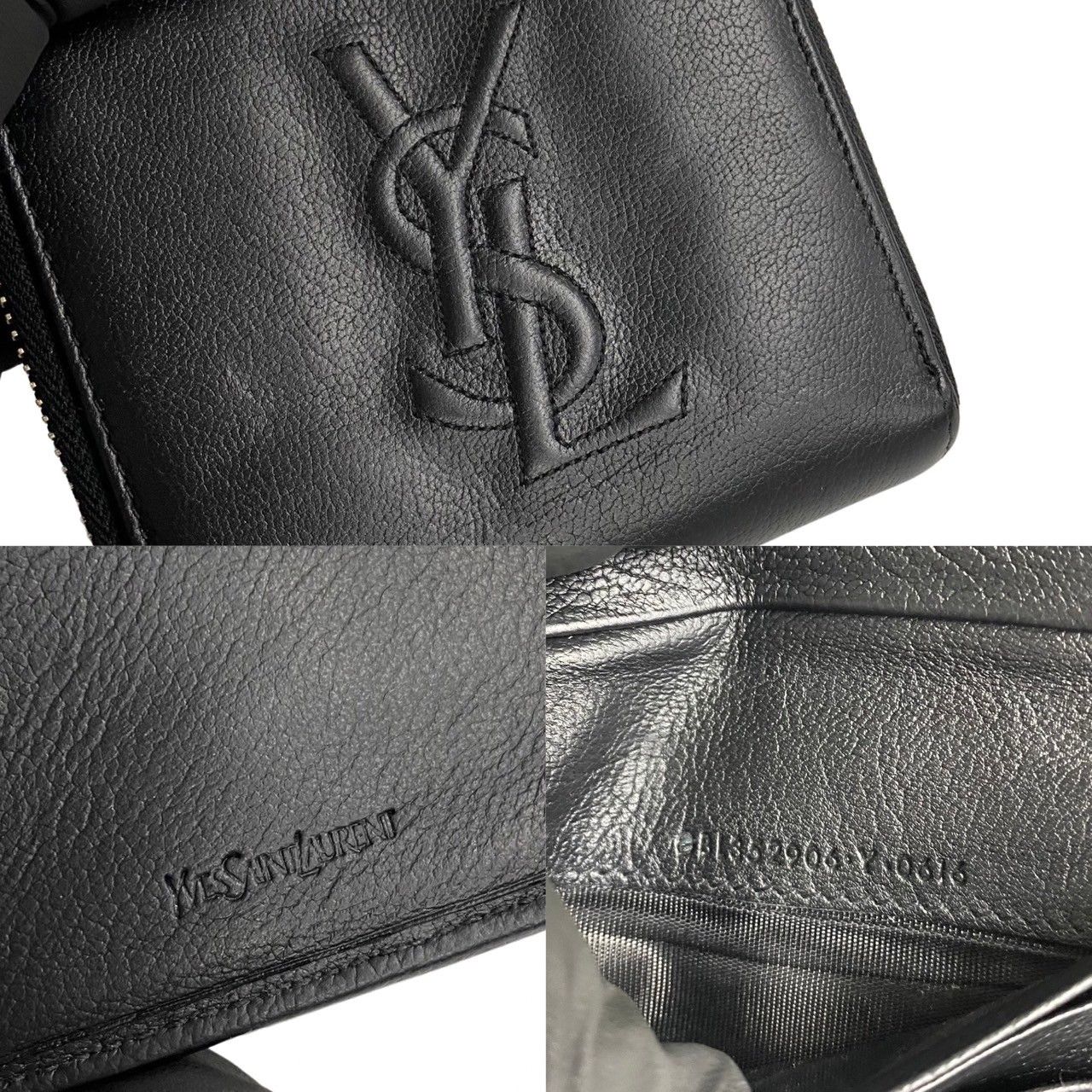 YSL イブサンローラン　折財布　ブラック　ロゴ　レザー　ラウンドジップ0115 極美品】イブサンローラン 財布 ラウンドジップ 二つ折り 本革