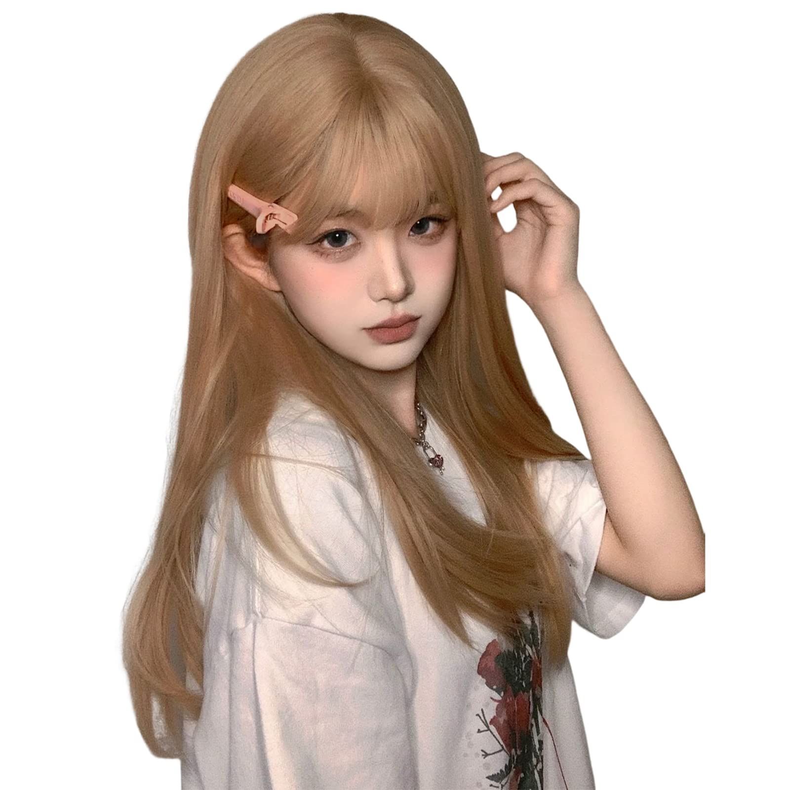 【人気商品】ストレート ロング 金髪 かつら フルウィッグ 自然 コスプレ ウィッグ ぱっつん前髪 小顔 人気 耐熱 HAIRCUBE 原宿系 ファッション ロリータ ネット（ミルクティーゴールド）
