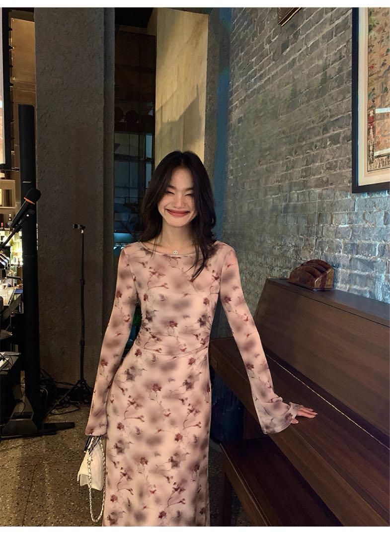 レディース花柄×フレンチローズワンピース 夏秋モテ服 デート-女子会にピッタリ