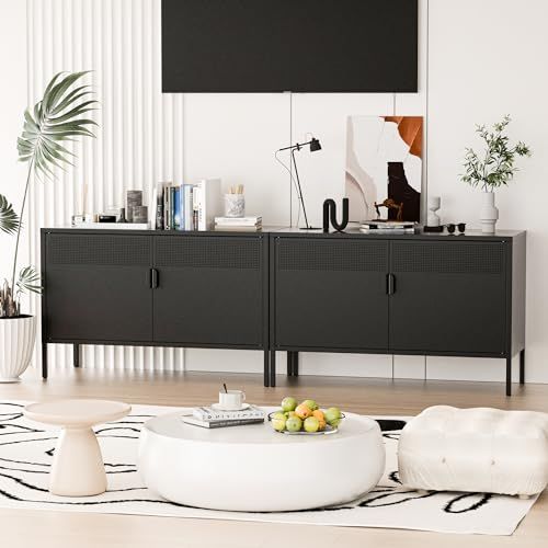 おしゃれ 通気孔付き 調節 な棚付き リビングルーム ダイニングルーム 寝室に適用 観音開き 棚 組立品 収納 リビング 扉付き 高64cm サイドボード 鋼製 ブラック キャビネット 科飛亜