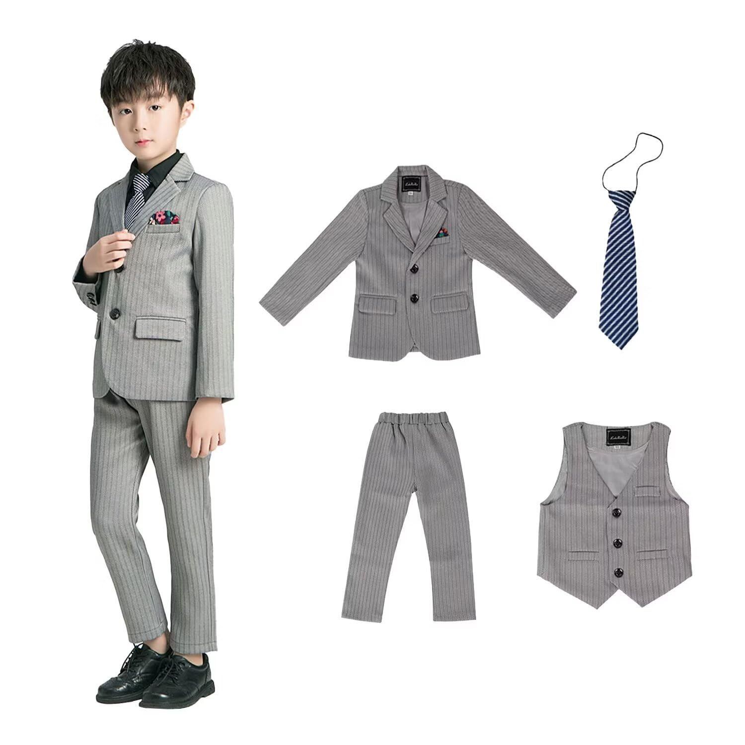 Size:160_Color:グレー [WEEN CHARM] 男の子 スーツ キッズ フォーマル 子供 ボーイズ フォーマルスーツ ストライプ セットアップ 4ピース 長袖 紳士服 発表会 入学式 卒業式 七五三