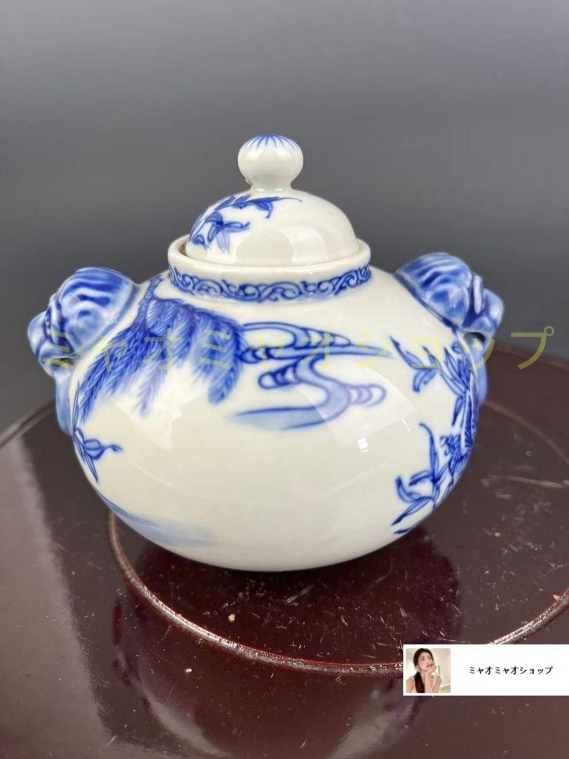 青花人物物語双獅耳蓋缶 茶道具 景徳鎮 陶磁器 装飾品 現代工芸