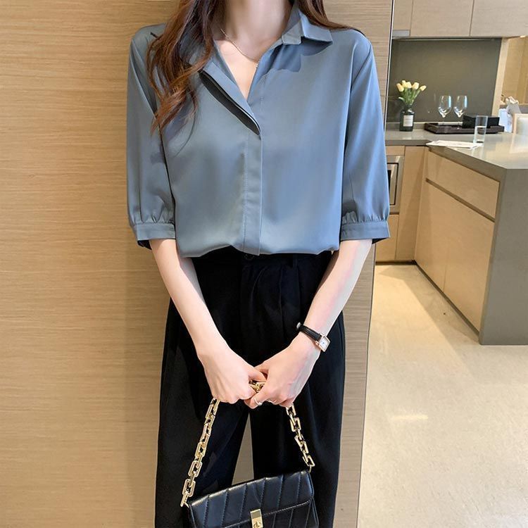 ブラウス レディース トップス シャツ 前開き 五分袖 フォーマル ワイシャツ シフォン きちんと ゆったり 上品 エレガント 夏 おしゃれ かわいい シンプル 通勤 ビジネス カジュアル lan 6723