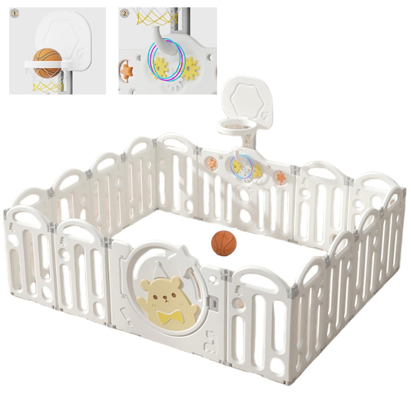 ベビーサークル 折りたたみ 187*150*61cm 16枚セット キッズランド プレイヤード ベビーサークル 大きめ 滑り止め付 ドア付き 安全設計 簡単組立 バスケットとボールとリング付き ホワイト