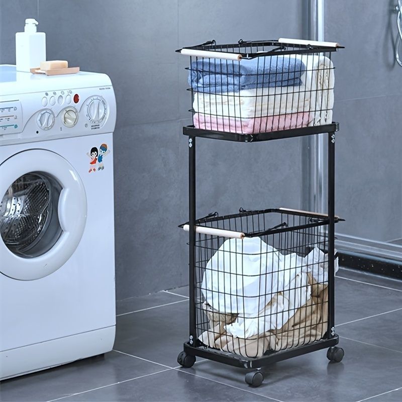 衣類収納カート 2 層衣類バスケット キャスター付き 衣類収納 2 層 スタイリッシュ 衣類バスケット スリム 衣類収納箱 2 分割 衣類バスケット 衣類収納棚