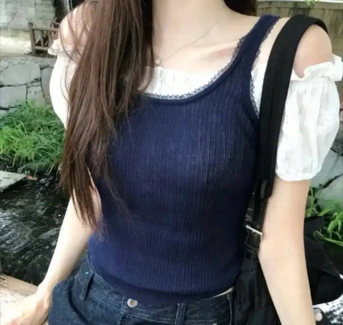 ラベルルブラン レース リップ ニット オフショルダー ブラウス s