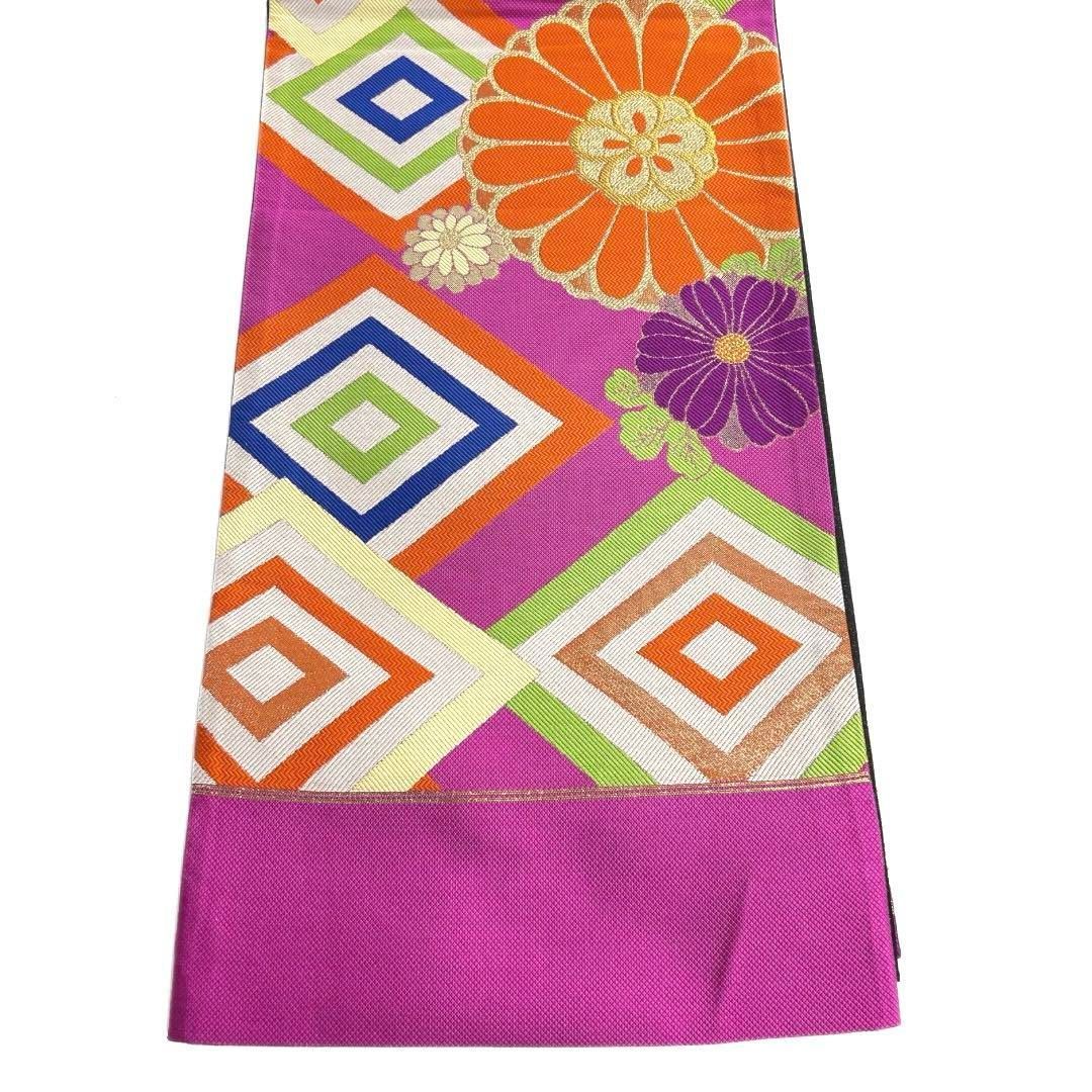 未着用 振袖帯 菊 菱 パープル 袋帯 着物 114a d