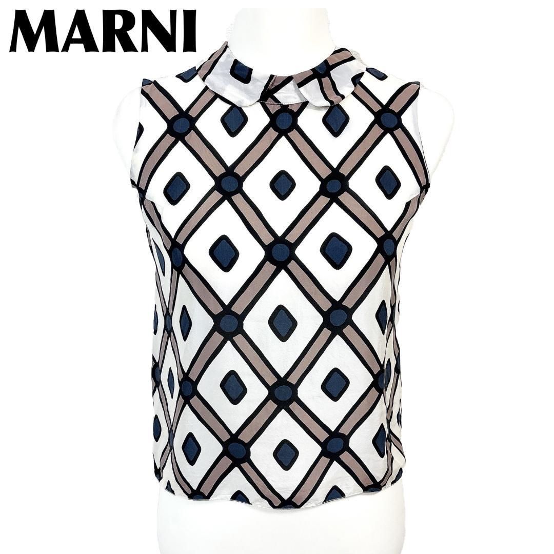 MARNIノースリーブブラウス ハーフジップ 36 白×紺×茶 チェック