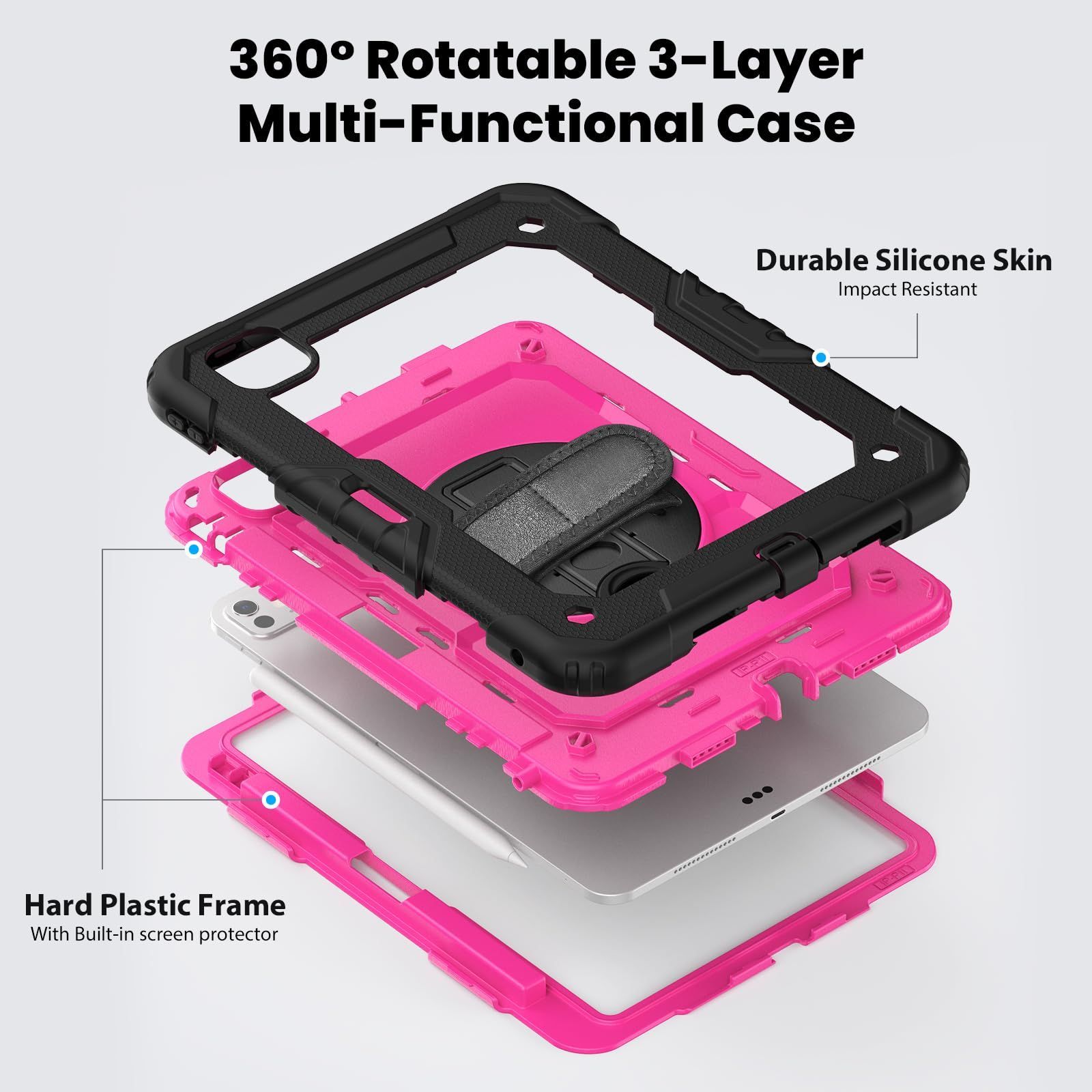 回転 360度 耐衝撃 Pencil収納 A 2836 2837フィルム付きペンホルダー 縦置き M 4 ハンドホルダー 2025 スタンド 防塵 ケース 肩掛けー 11 ストラップ Pro iPad 三層 インチ 5世代 ケー