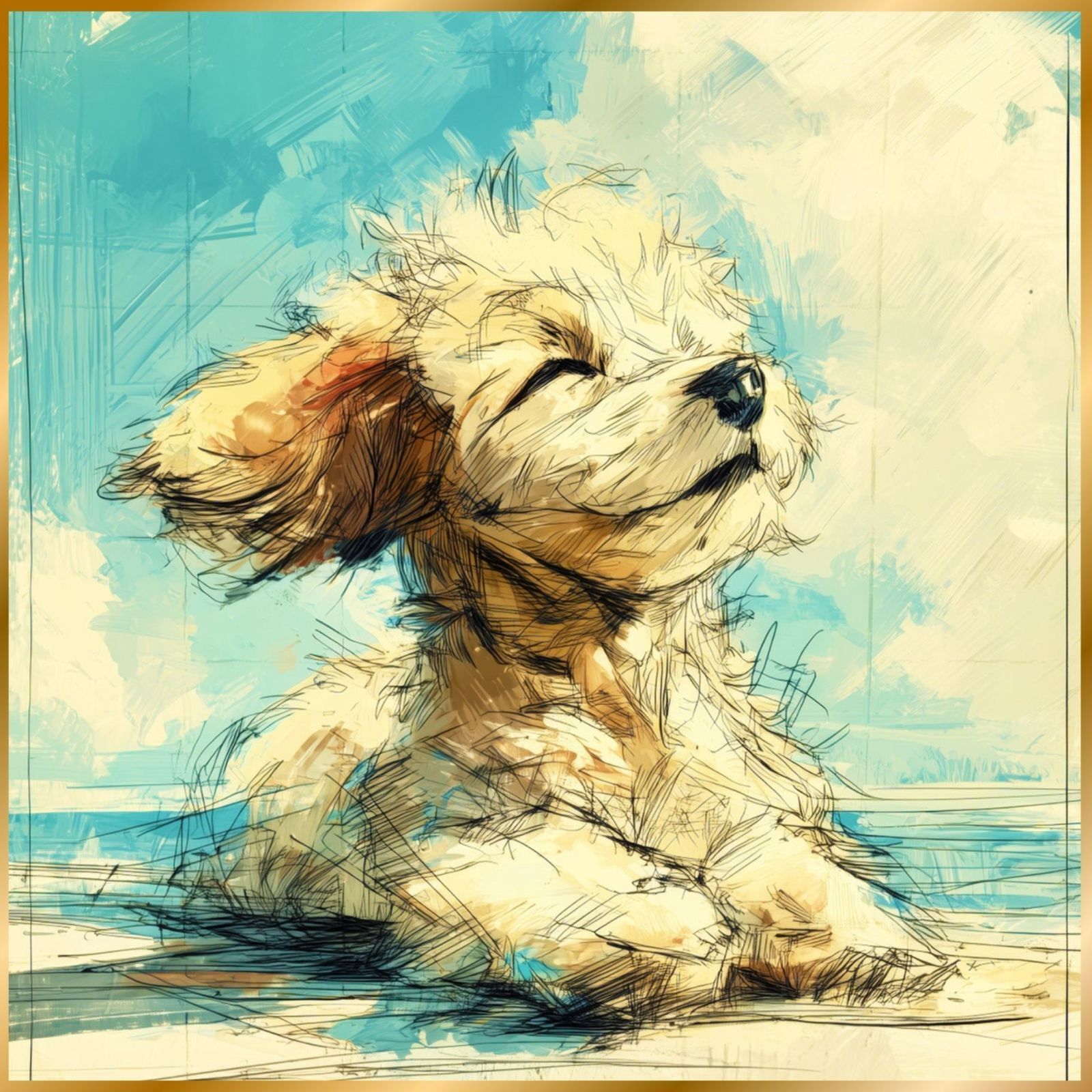 プードル犬とビーチのスケッチ No.1 トイプードル 海 犬の絵 犬のイラスト おしゃれ ミニマリスト ミニマリズム シンプル インテリアアート ペットロス うちの子 記念日 アートポスター ギフト プレゼント