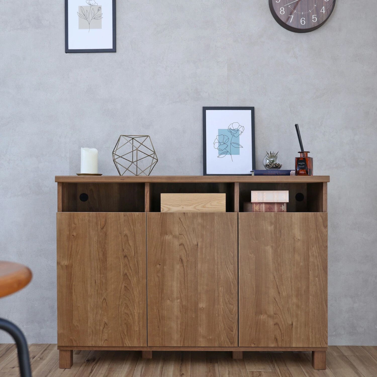 ♪ カウンター キャビネット ライトブラウン 幅110cm 収納家具 リビング収納 おしゃれ 組立式 取手なし ナチュラル 木製 ウッド