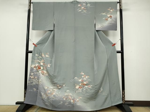 平和屋着物○訪問着 流水竹垣草花文 暈し染め 金彩 鬼しぼ縮緬 正絹