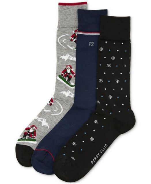 送料無料 ペリーエリス メンズ 靴下 アンダーウェア Men s 3pk. Mixed Patterned Socks SANTA SNOWBOARD