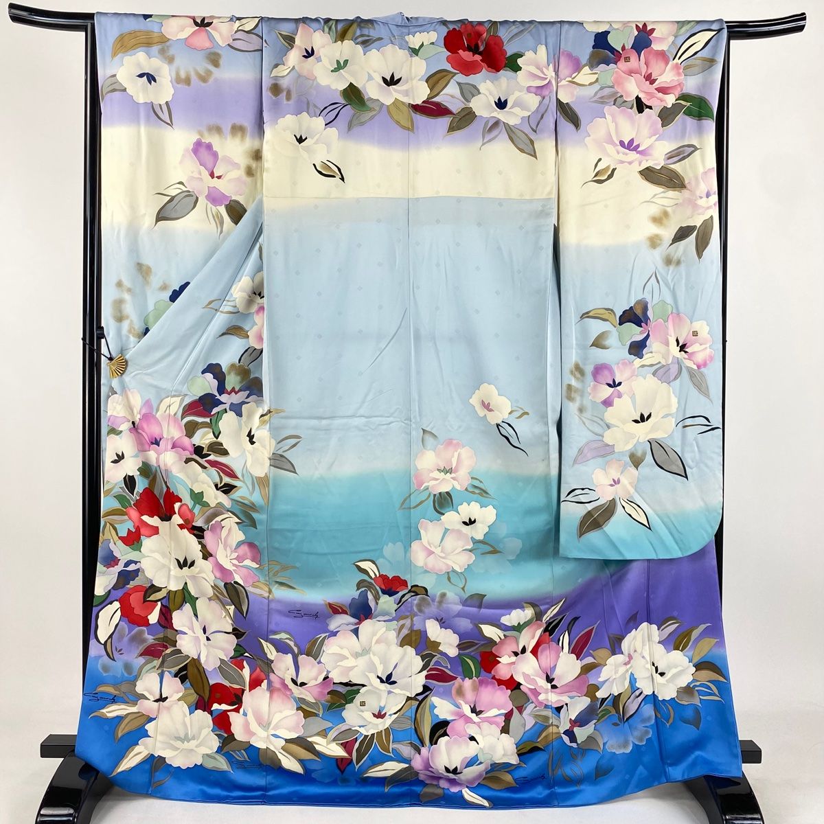 振袖 身丈169cm 裄丈69cm L 袷 落款 草花 金彩 ぼかし 水色 正絹 秀品