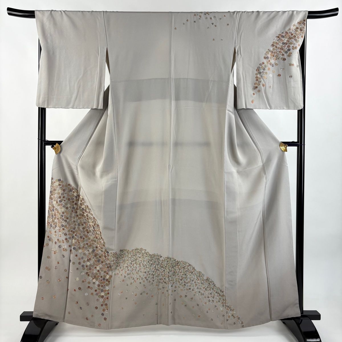 訪問着 身丈161cm 裄丈68cm L 袷 やまと 草花 萩 金糸 刺繍 灰茶 正絹