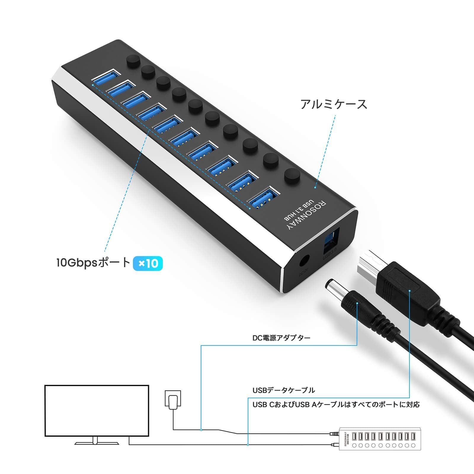 在庫処分】USB ハブ 3.1 Gen2 10Gbps ROSONWAY 10ポートアルミ製 36W