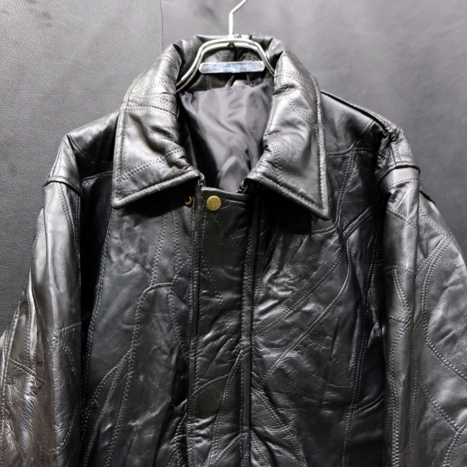 ハードパッチワーク レザーハーフコート LL/XL ツギハギ カーコート 羊