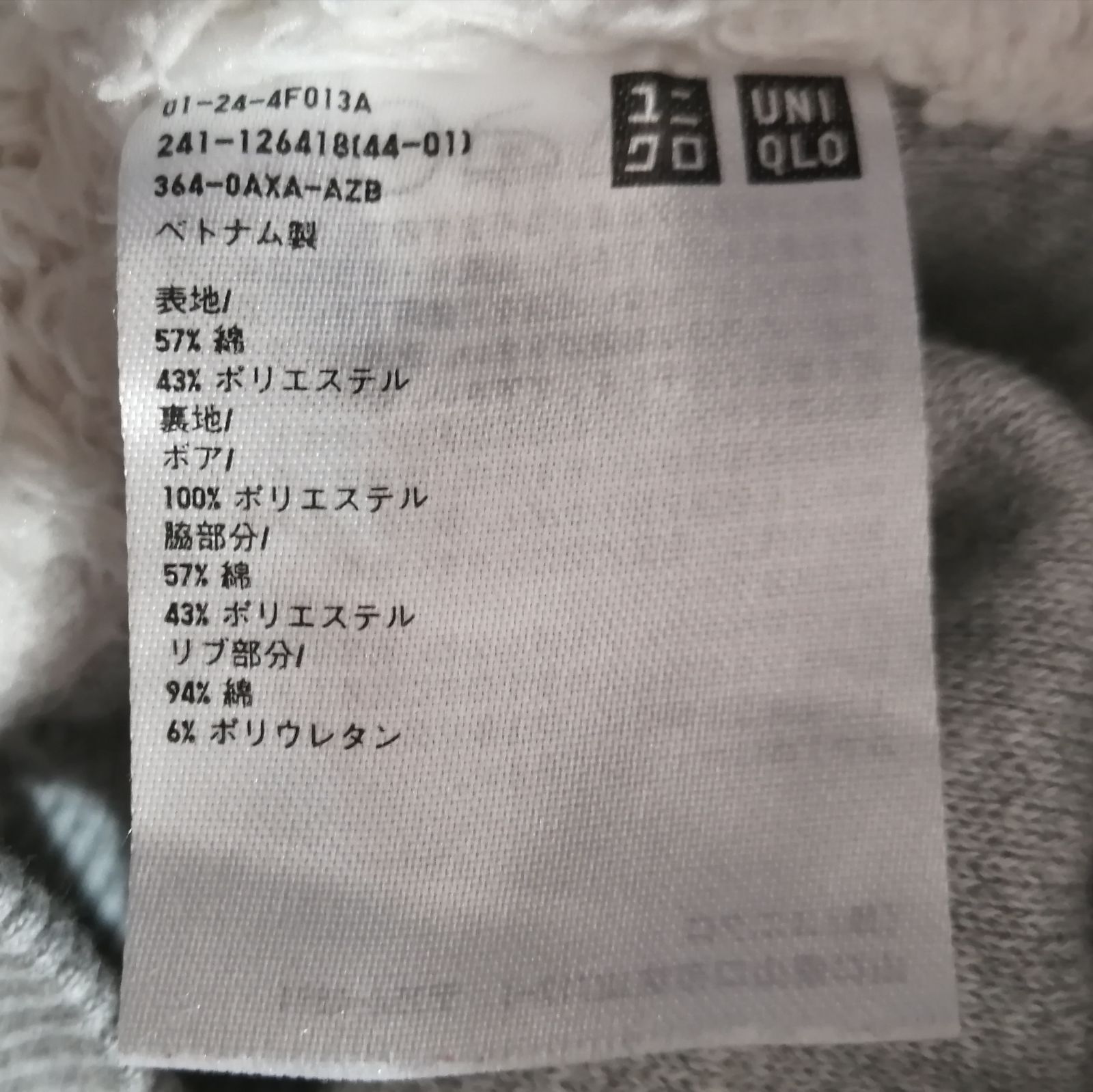 1/24  確認用 UNIQLO ユニクロ ボアスウェットフルジップパーカー グレー サイズM