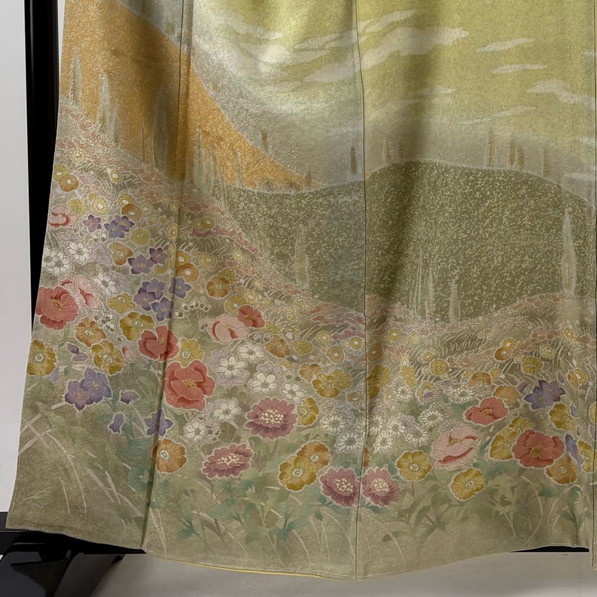 訪問着 身丈160cm 裄丈68cm L 袷 落款 風景 草花 銀通し 金彩 抹茶色 正絹 名品