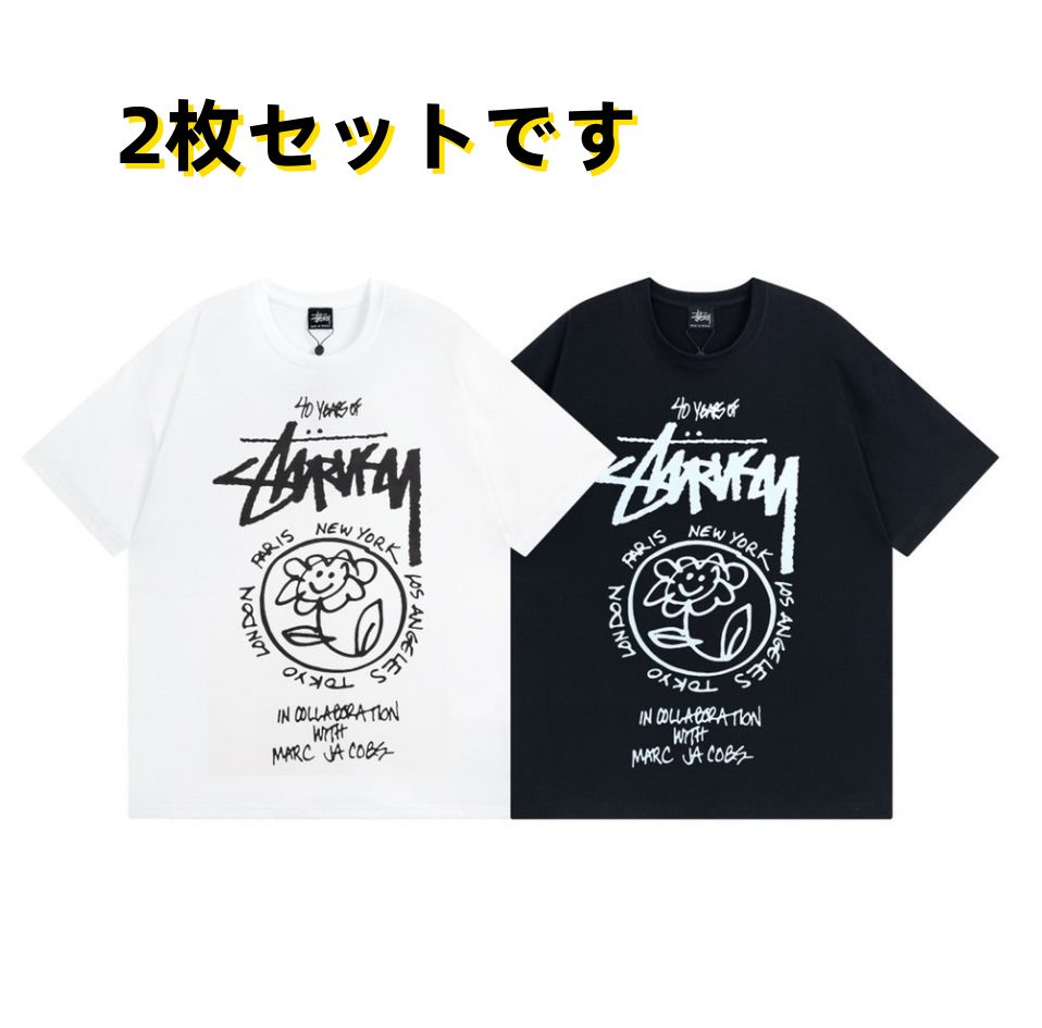 新品未使用 STUSSY✖️Marc Jacobs ステューシー ロゴプリントカジュアル 半袖Tシャツ 男女兼用 黑+白 2枚