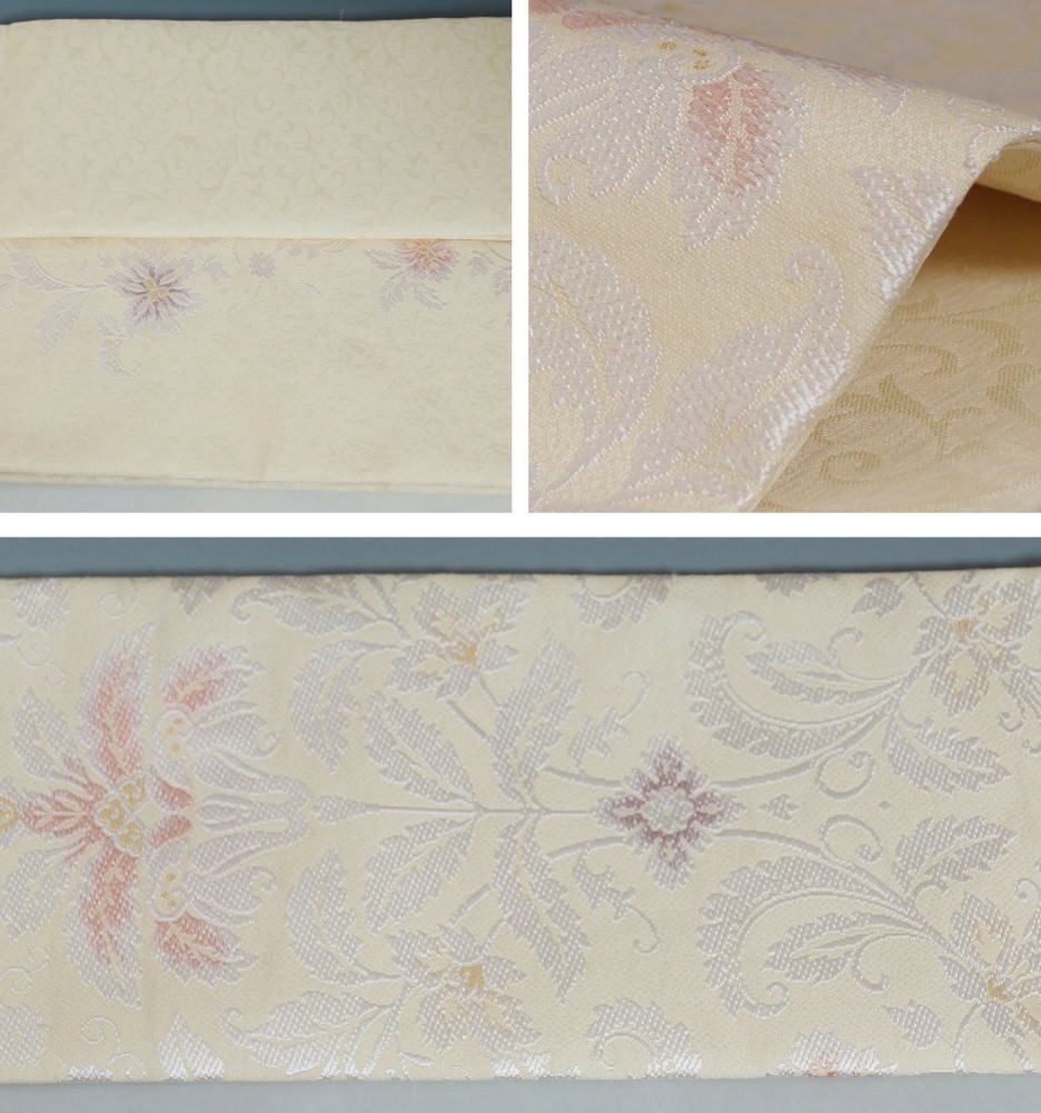 名古屋帯 新品 西陣 （６） 唐花模様 クリームイエロー系 スリーシーズン 着用可能 新品仕立て上がり品 正絹 帯 九寸名古屋帯 【送料無料】【リサイクル名古屋帯 仕立て上がり リサイクル着物 カジュアル きもの天陽】