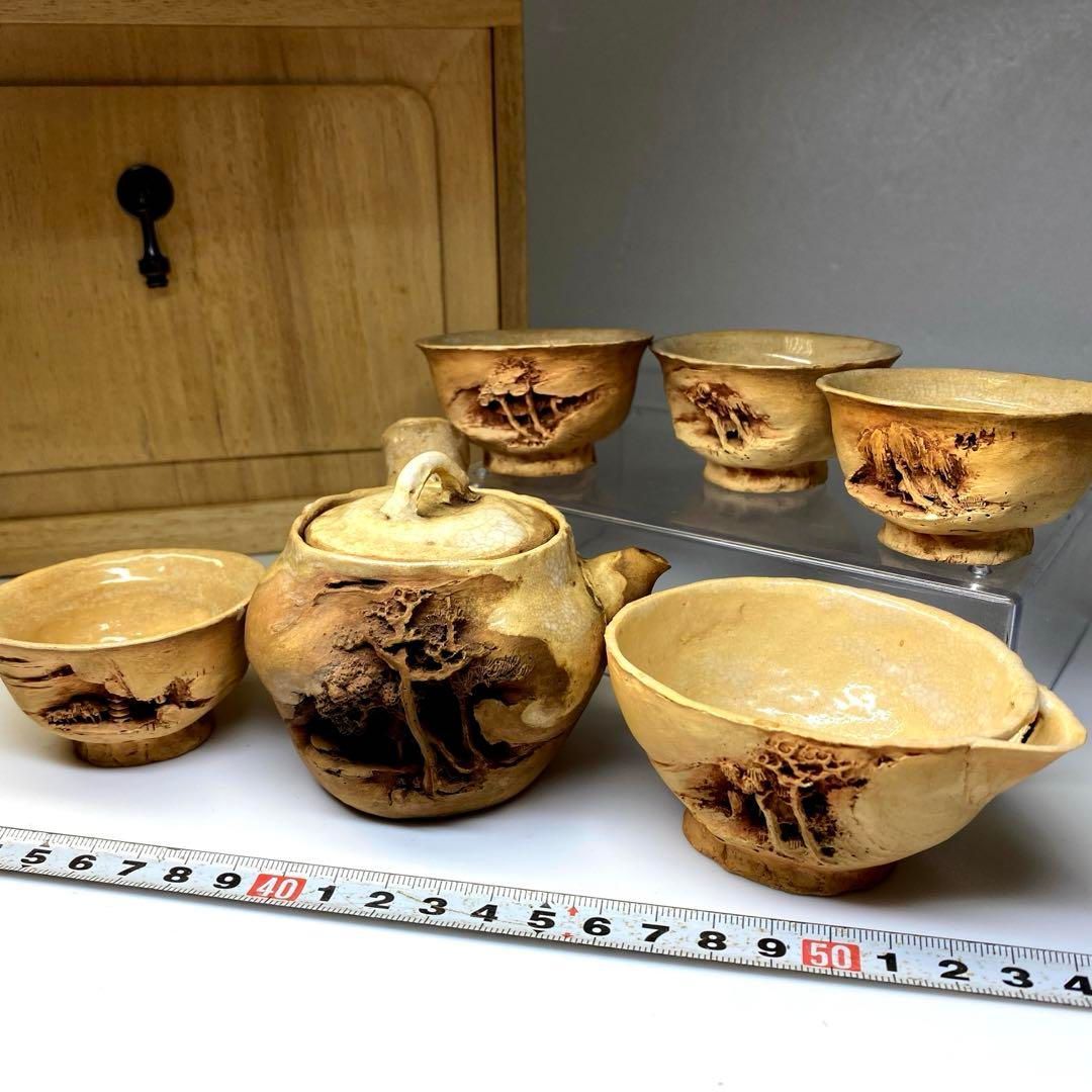 時代 二六焼 上彫煎茶器セット 木 東Y6-0813 2Fチヒサコ