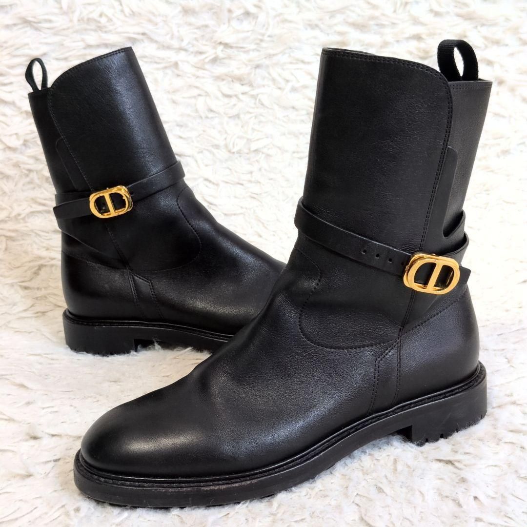 Christian dior クリスチャンディオール アンプラント CDロゴ レザーブーツ 38 黒 EMPREINTE ミドルブーツ ベルト 太ヒール チャンキーヒール ブラック ゴールド 25cm相当