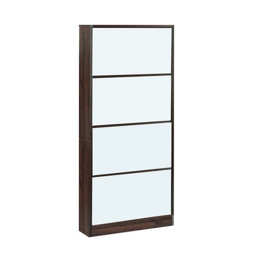 ブラウン 薄型 4段 シューズラック スリム シューズボックス 靴箱 下駄箱 ミラー 全身鏡 姿見 スリム くつ箱 靴入れ 収納ラック エントランス 靴収納 靴収納棚 おしゃれ 木製