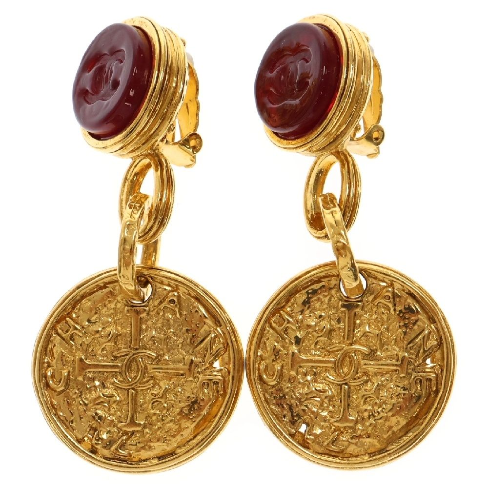 CHANEL (シャネル) コインモチーフ イヤリング ゴールド×レッド GP  