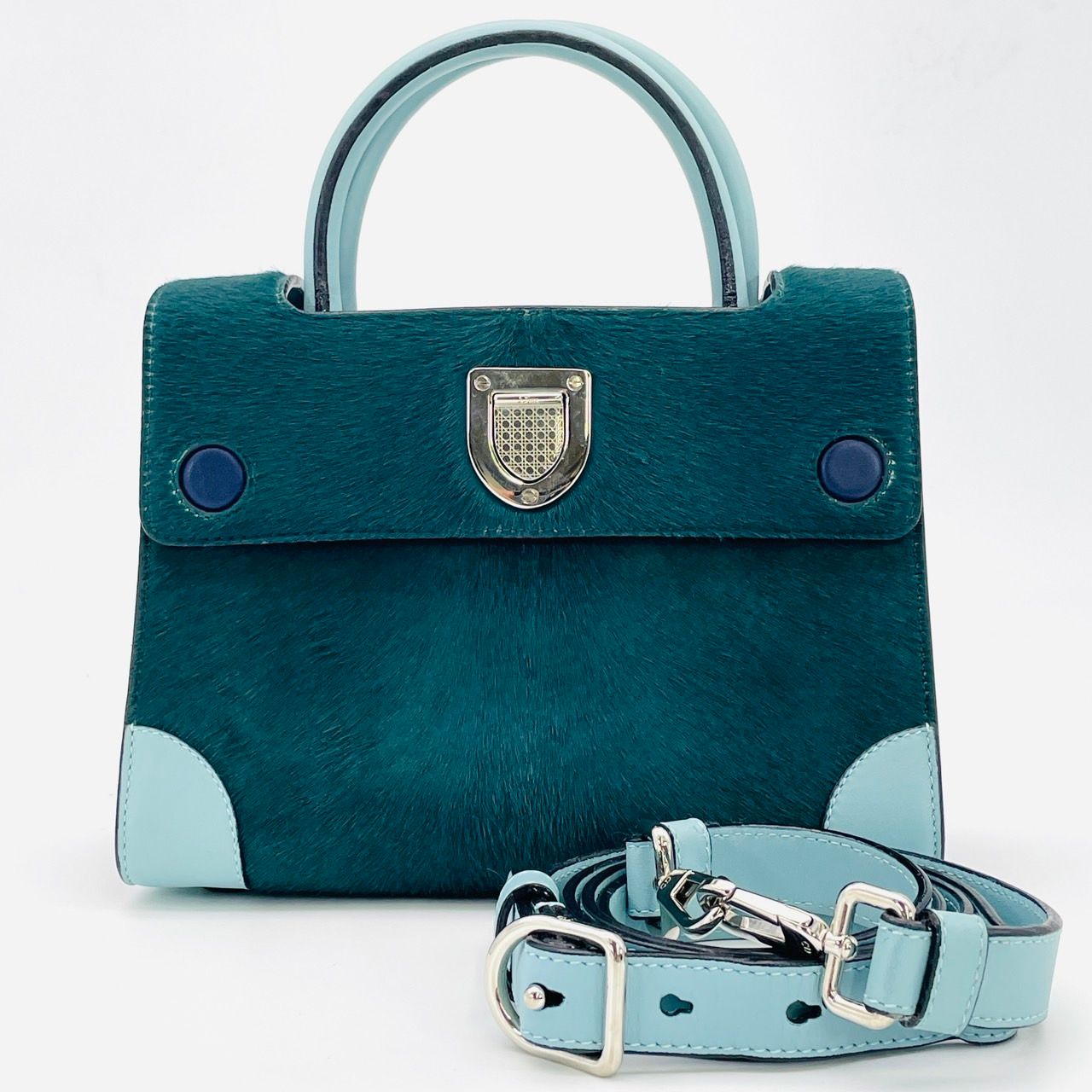 ディオール DIOR エヴァー ハンドバッグ ハラコ グリーン×ブルー 2way レザー 緑 7-4-149
