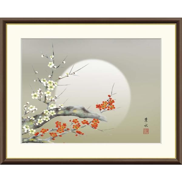 高精細デジタル額装版画 現代日本画 花鳥画 春飾り 「 月下紅白梅 」 サイズ F6号