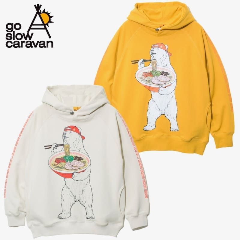 新品 ゴースローキャラバン go slow caravan 長袖 裏毛 パーカー 豚骨 ラーメン クマ 熊 ユニセックス メンズ レディース アイボリー イエロー マスタード