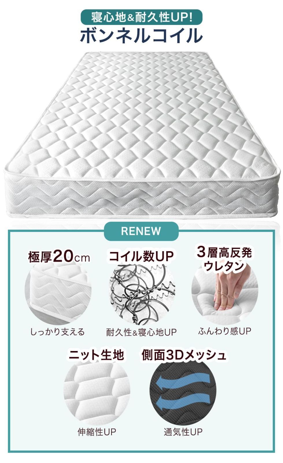 タンスのゲン マットレス セミダブル 厚み20cm 高密度 ボンネルコイル スプリングマット マットレス ブラック NEXPOTALLINN_EU