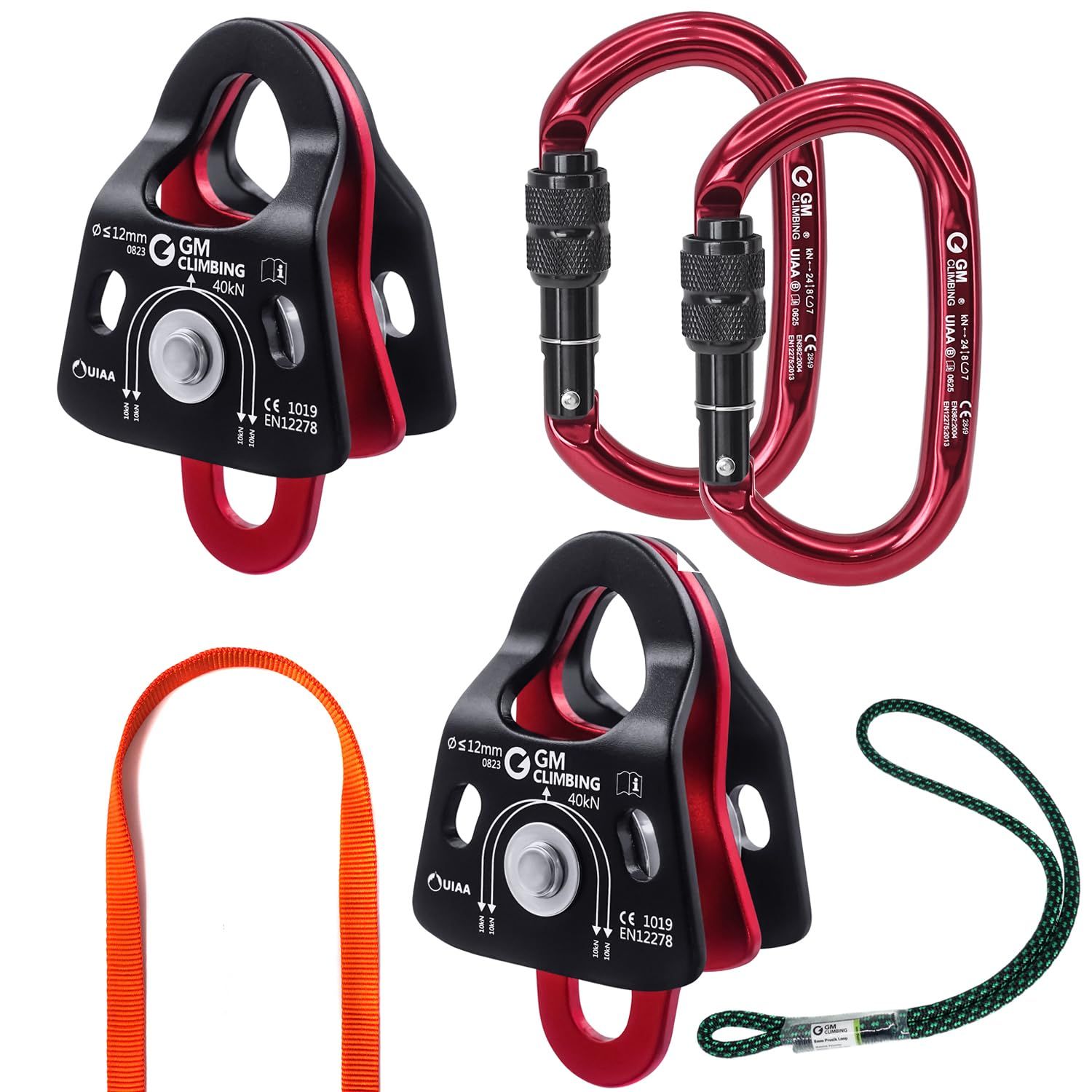 GM CLIMBING CE UIAA認証 40kN マイクロダブルプーリー ボールベアリング内蔵 5 1 倍力システム プーリーシステム キットセット クライミング リギング レスキュー アーボリスト用 12mmまでロープ適応