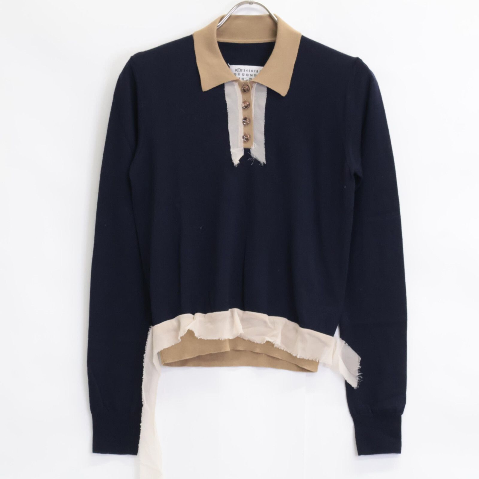 Maison Margiela メゾンマルジェラ ネイビー|ベージュ 21SS S51GL0030 ウールデストロイポロシャツ S