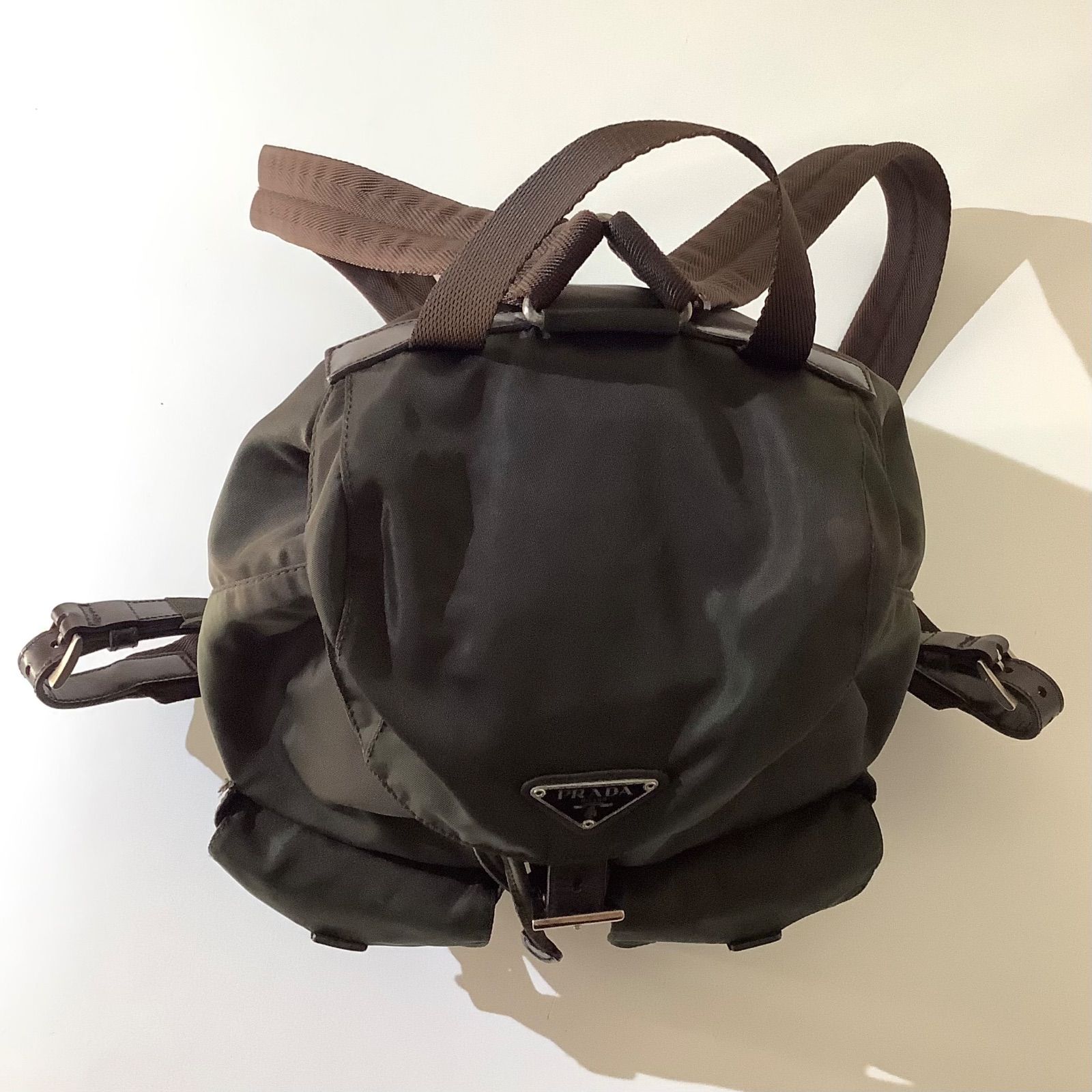 美品】 プラダ テスートナイロン レザー 巾着型 リュックサック