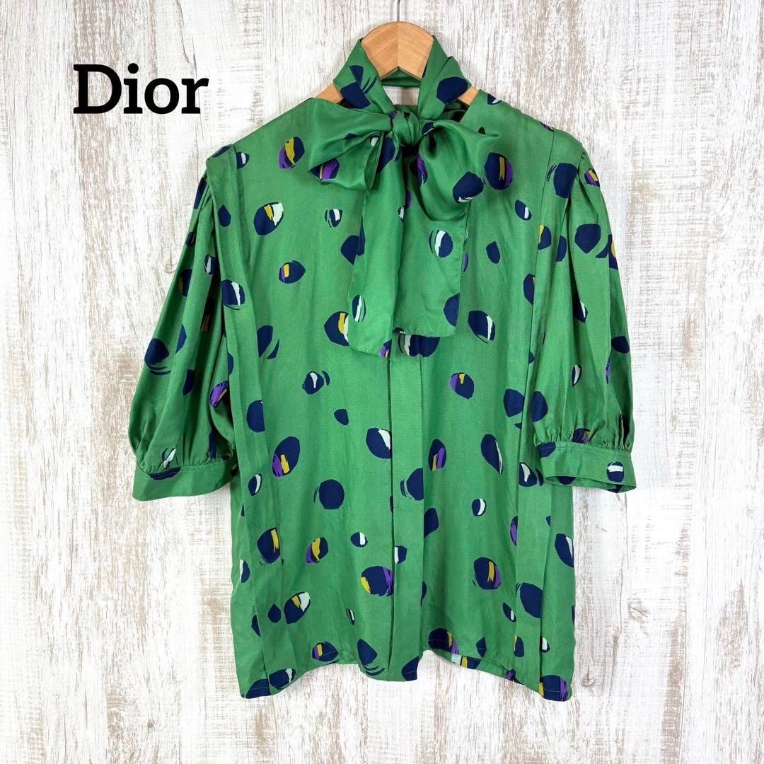 Christian Dior クリスチャンディオール 水玉 総柄 ボウタイ シルク パフスリーブ 5分袖 ブラウス グリーン 緑