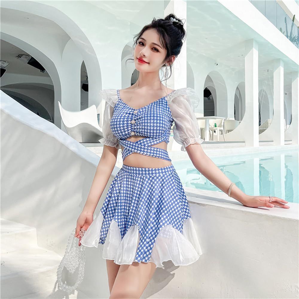 韓国 千鳥格子 水着 セパレート タンキニ リボン フリルスカート 千鳥格子 セパレート 体型カバー 韓国 ビキニ リボン フリル