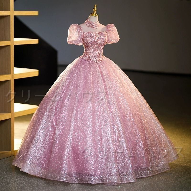 ?♥ カラードレス 編み上げ ピンク パフスリーブ ロングドレス 結婚式 二次会 発表会 演奏会 ウェディングドレス ウエディング