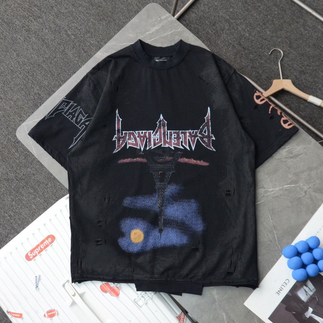 新品 BALENCIAGA バレンシアガ ウォッシュ加工 逆さ夜景の鉄塔 半袖Tシャツ ブラック 男女兼用