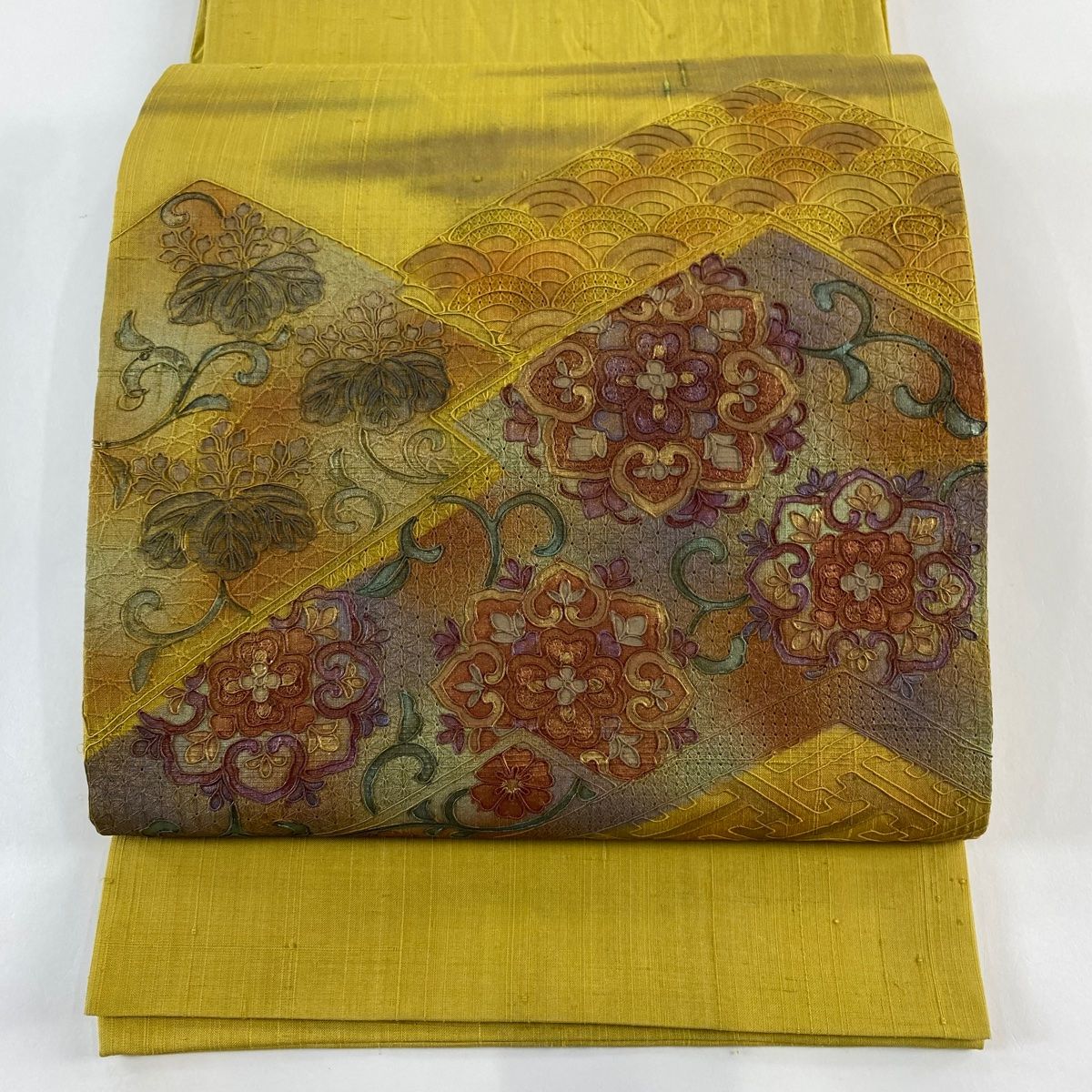 洒落袋帯 京栄彩華文 花唐草 上品 紬 お太鼓柄 正絹 T-5424 袋帯 美品 名品 蜀江文 花唐草 切りばめ 金彩 墨色 お太鼓柄