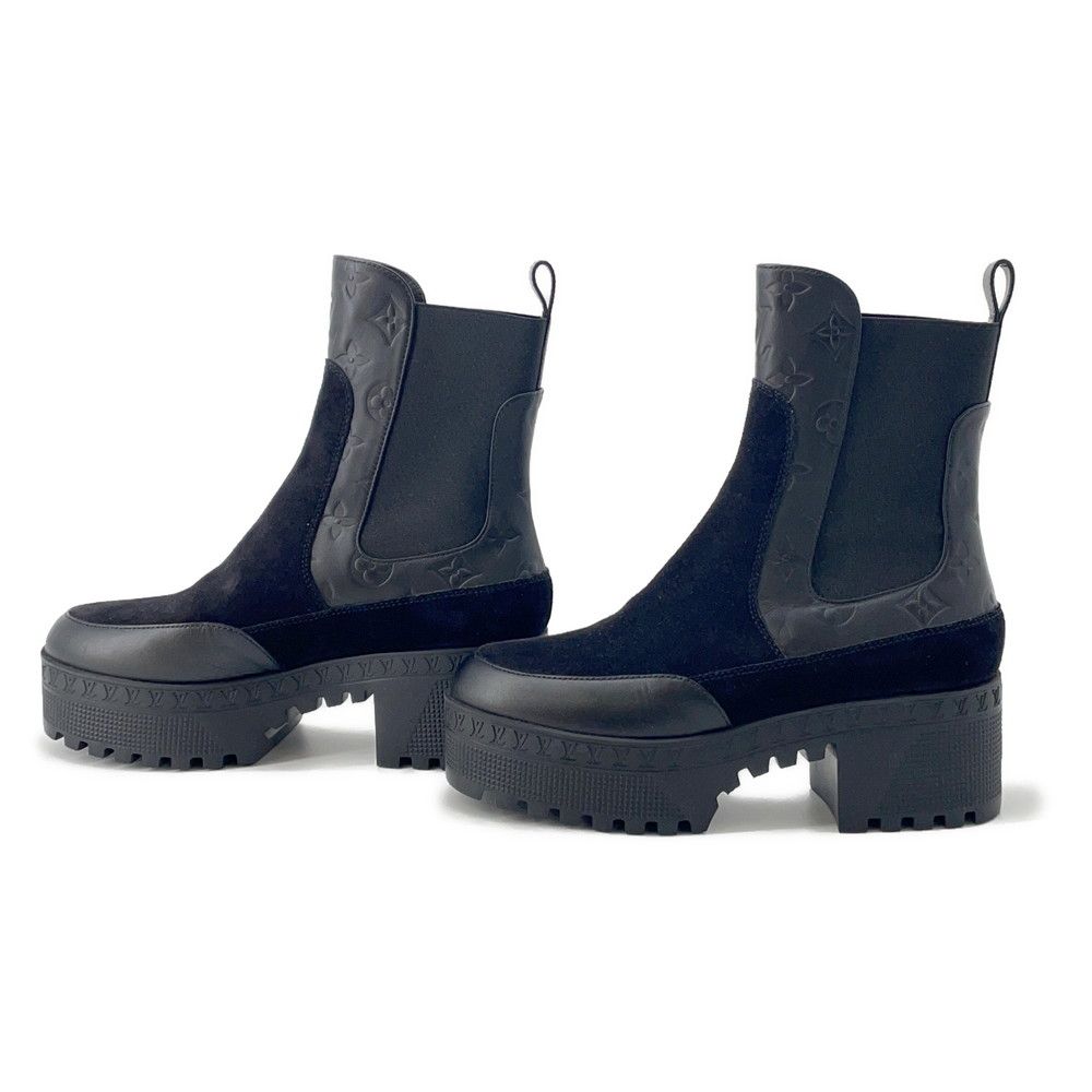 ルイヴィトン ブーツ カーフレザー スエード ローリエート ブーツ レディースサイズ37 ショートブーツ 黒 ブラック