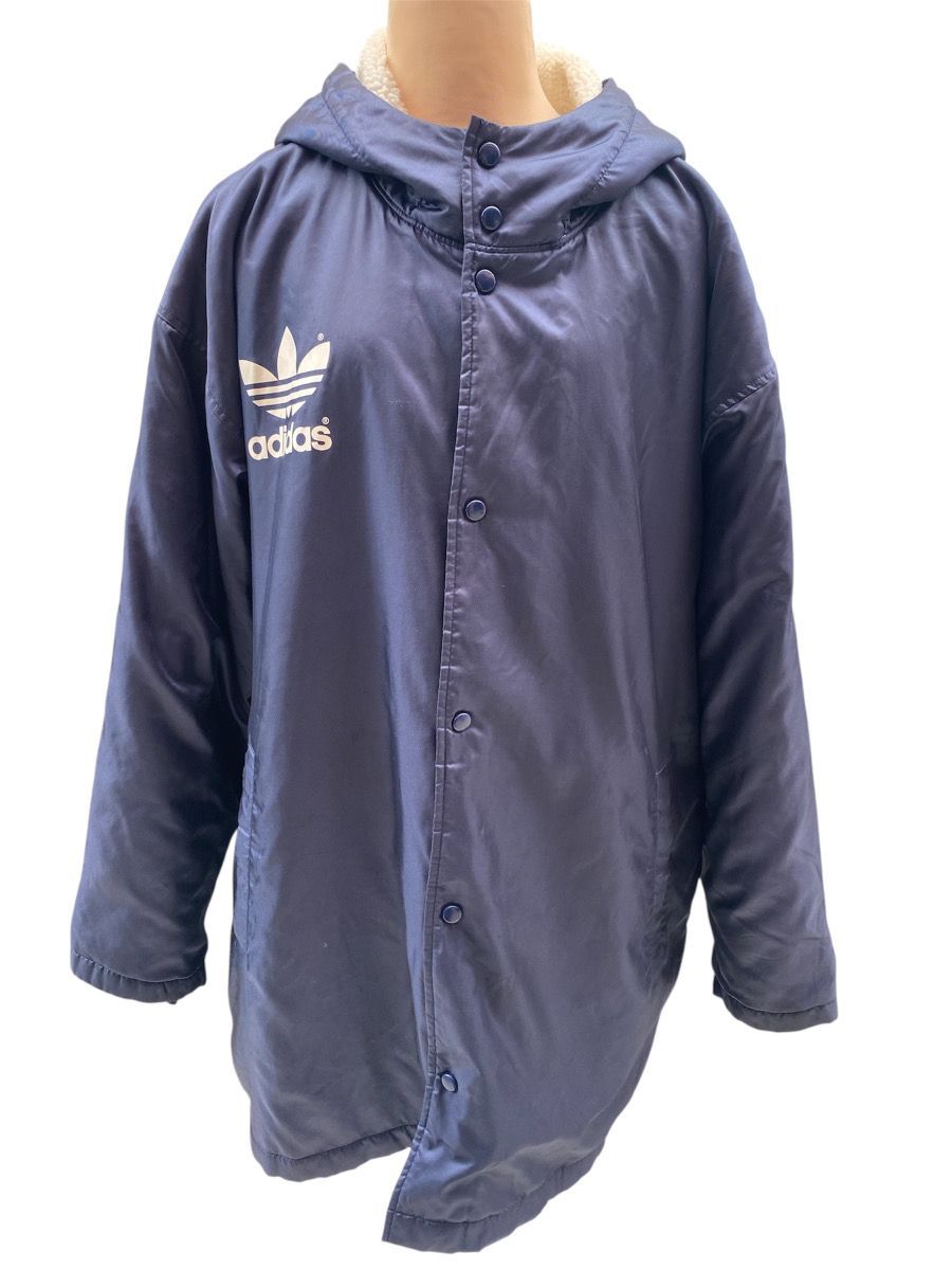 11314-01-05 90s adidas アディダス デサント製 裏ボア ナイロンコート ビッグロゴ ネイビー Lサイズ相当 ADS-8702 ヴィンテージ
