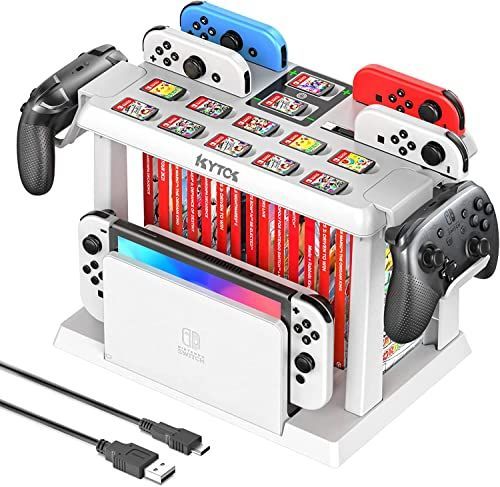 ホワイト Switch収納スタンド Kytok Joy-Con充電スタンド Switchドック収納 Joy-Con/Proコントローラー/スイッチ本体とドック/ゲームソフト全部収納可能 組立式 省スペース 多機能 大容量 オールイン