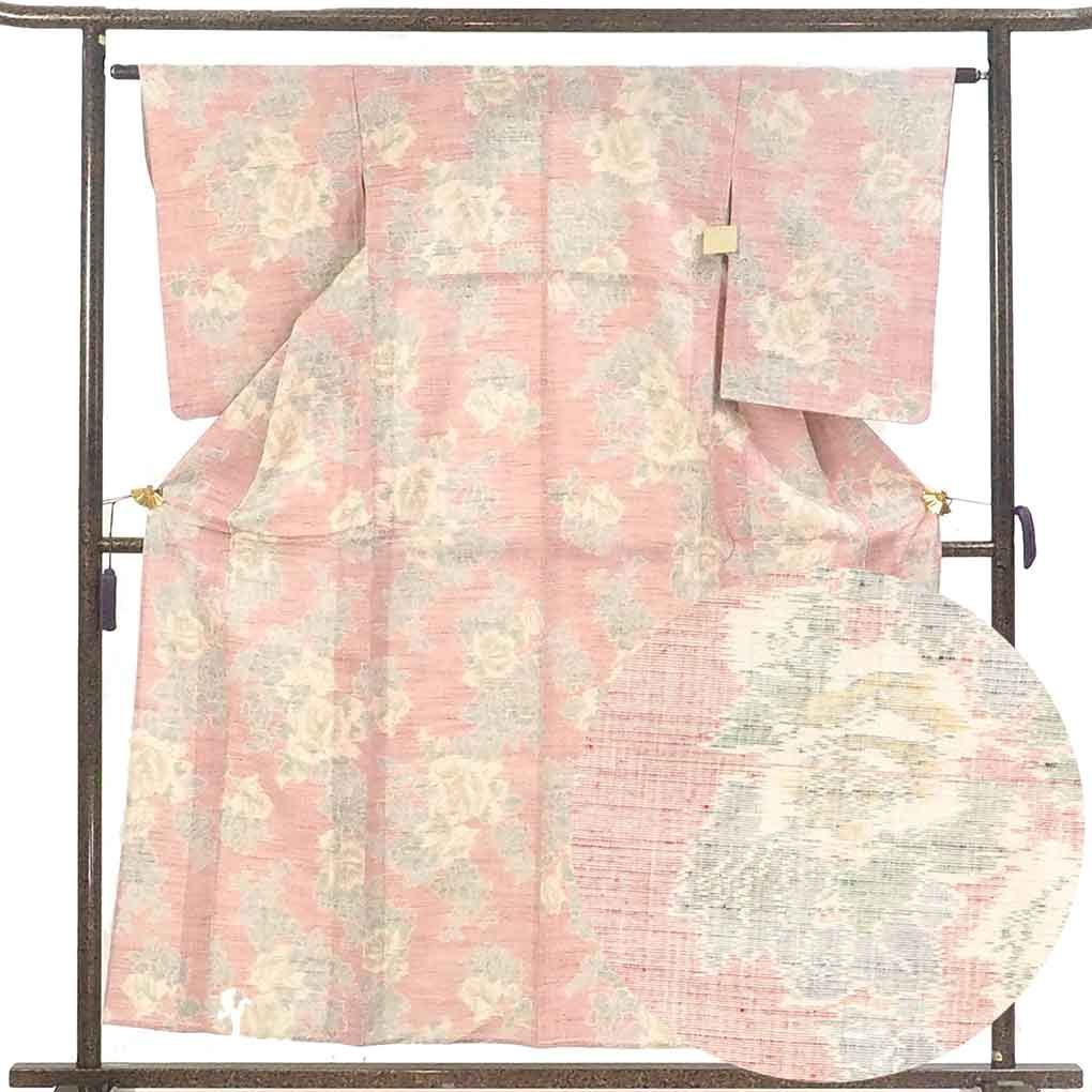 紬 身丈158cm 裄63cm 前幅25cm 後幅29cm 袖丈56.5cm 袖幅32cm レディース 単衣 花柄 裄Mサイズ 初夏 初秋用 正絹 シルク ピンク リメイク リユース リサイクル 呉服のきくや